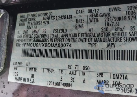 2013 Ford Escape Sel z USA, uszkodzony, nr VIN 1FMCU0HX9DUA88074